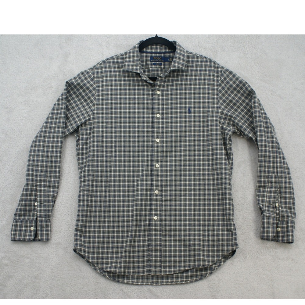 Polo Ralph Lauren Shirt Mens L Slim Fit Gray Blue Plaid Cotton Pony Button Up